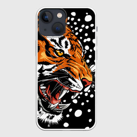 Чехол для iPhone 13 mini с принтом Амурский тигр и снегопад в Кировске,  |  | 2022 | amur tiger | beast | grin | new year | night | open mouth | predator | profile | snowfall | winter | year of the tiger | амурский тигр | год тигра | зверь | зима | новый год | ночь | оскал | открытая пасть | профиль | снегопад | хищник