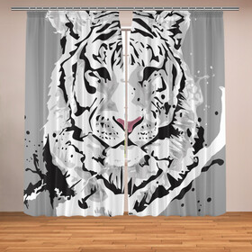 Фотошторы с принтом Белый снежный тигр в Кировске, Блэкаут (светозащита 90%) / Габардин (светозащита 40% | 2 полотна шириной по 145 см; Высота 200-300 см; Крепление: шторная лента (на крючки); | 2022 | art | beast | new year | predator | splashes and drops | white tiger | year of the tiger | белый тигр | брызги и капли | год тигра | зверь | искусство | новый год | хищник