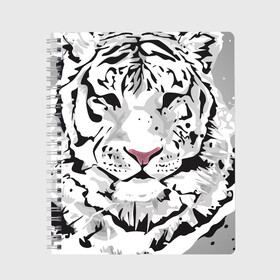 Тетрадь с принтом Белый снежный тигр в Кировске, 100% бумага | 48 листов, плотность листов — 60 г/м2, плотность картонной обложки — 250 г/м2. Листы скреплены сбоку удобной пружинной спиралью. Уголки страниц и обложки скругленные. Цвет линий — светло-серый
 | 2022 | art | beast | new year | predator | splashes and drops | white tiger | year of the tiger | белый тигр | брызги и капли | год тигра | зверь | искусство | новый год | хищник