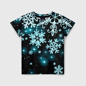 Детская футболка 3D с принтом Космические снежинки в Кировске, 100% гипоаллергенный полиэфир | прямой крой, круглый вырез горловины, длина до линии бедер, чуть спущенное плечо, ткань немного тянется | Тематика изображения на принте: christmas | happy new year | merry christmas | neon | new year | snow | snowflakes | winter | декабрь | звезды | зима | зимний орнамент | зимний узор | зимняя ночь | неоновый | новогодний принт | новогодняя ночь | новый год | ночь | подарок