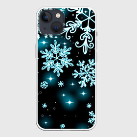 Чехол для iPhone 13 с принтом Космические снежинки в Кировске,  |  | christmas | happy new year | merry christmas | neon | new year | snow | snowflakes | winter | декабрь | звезды | зима | зимний орнамент | зимний узор | зимняя ночь | неоновый | новогодний принт | новогодняя ночь | новый год | ночь | подарок