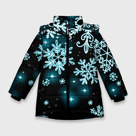 Зимняя куртка для девочек 3D с принтом Космические снежинки в Кировске, ткань верха — 100% полиэстер; подклад — 100% полиэстер, утеплитель — 100% полиэстер. | длина ниже бедра, удлиненная спинка, воротник стойка и отстегивающийся капюшон. Есть боковые карманы с листочкой на кнопках, утяжки по низу изделия и внутренний карман на молнии. 

Предусмотрены светоотражающий принт на спинке, радужный светоотражающий элемент на пуллере молнии и на резинке для утяжки. | Тематика изображения на принте: christmas | happy new year | merry christmas | neon | new year | snow | snowflakes | winter | декабрь | звезды | зима | зимний орнамент | зимний узор | зимняя ночь | неоновый | новогодний принт | новогодняя ночь | новый год | ночь | подарок