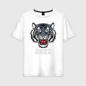 Женская футболка хлопок Oversize с принтом Голубой водяной тигр 2022 в Кировске, 100% хлопок | свободный крой, круглый ворот, спущенный рукав, длина до линии бедер
 | 2022 | beast | fangs | merry christmas | new year | predator | stars | stern grin | water tiger | year of the tiger | водяной тигр | год тигра | звезды | зверь | клыки | новый год | суровый оскал | хищник