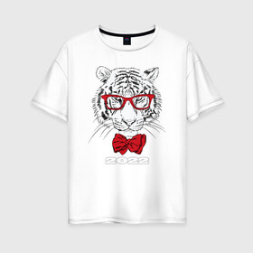 Женская футболка хлопок Oversize с принтом Белый тигр в красных очках в Кировске, 100% хлопок | свободный крой, круглый ворот, спущенный рукав, длина до линии бедер
 | 2022 | beast | bow tie | fangs | merry christmas | new year | predator | stern grin | white water tiger | year of the tiger | белый водяной тигр | галстук бабочка | год тигра | зверь | клыки | красные очки | новый год | суровый оскал | хищни