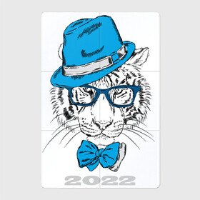 Магнитный плакат 2Х3 с принтом Водяной тигр в синей шляпе в Кировске, Полимерный материал с магнитным слоем | 6 деталей размером 9*9 см | 2022 | beast | blue hat | bow | merry christmas | new year | predator | snow | white water tiger | winter | year of the tiger | бант | белый водяной тигр | год тигра | зверь | зима | новый год | очки | синяя шляпа | снег | хищник