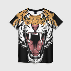Женская футболка 3D с принтом Оскал амурского тигра в Кировске, 100% полиэфир ( синтетическое хлопкоподобное полотно) | прямой крой, круглый вырез горловины, длина до линии бедер | 2022 | amur tiger | beast | merry christmas | new year | open mouth | predator | stern grin | year of the tiger | амурский тигр | год тигра | зверь | новый год | открытая пасть | суровый оскал | хищник