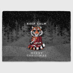 Плед 3D с принтом Keep calm and Merry Christmas в Кировске, 100% полиэстер | закругленные углы, все края обработаны. Ткань не мнется и не растягивается | 2022 | beast | buddhist | heart | keep calm and merry christmas | meditation | new year | spruce forest | tiger | year of the tiger | буддист | год тигра | ельник | зверь | медитация | новый год | сердце | тигр | черные очки