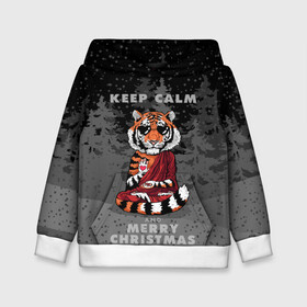 Детская толстовка 3D с принтом Keep calm and Merry Christmas в Кировске, 100% полиэстер | двухслойный капюшон со шнурком для регулировки, мягкие манжеты на рукавах и по низу толстовки, спереди карман-кенгуру с мягким внутренним слоем | Тематика изображения на принте: 2022 | beast | buddhist | heart | keep calm and merry christmas | meditation | new year | spruce forest | tiger | year of the tiger | буддист | год тигра | ельник | зверь | медитация | новый год | сердце | тигр | черные очки