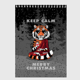 Скетчбук с принтом Keep calm and Merry Christmas в Кировске, 100% бумага
 | 48 листов, плотность листов — 100 г/м2, плотность картонной обложки — 250 г/м2. Листы скреплены сверху удобной пружинной спиралью | Тематика изображения на принте: 2022 | beast | buddhist | heart | keep calm and merry christmas | meditation | new year | spruce forest | tiger | year of the tiger | буддист | год тигра | ельник | зверь | медитация | новый год | сердце | тигр | черные очки
