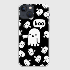 Чехол для iPhone 13 mini с принтом BOO ПРИВЕДЕНИЕ ХЕЛЛОУИН в Кировске,  |  | Тематика изображения на принте: bats | bones | ghost | halloween | pumpkin | skull | кости | летучие мыши | приведение | призрак | скелет | тыква | хеллоуин | хоррор | хэллоуин