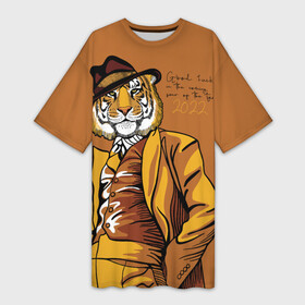 Платье-футболка 3D с принтом Good luck in the coming year of the Tiger в Кировске,  |  | 2022 | gentleman | happy new year | hat | imposing | look | merry christmas | orange suit | predator | tiger | взгляд | год тигра | джентльмен | новый год | оранжевый костюм | рождество | тигр | хищник | шляпа