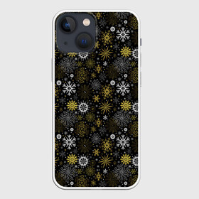 Чехол для iPhone 13 mini с принтом Зимние Узоры (золотые) в Кировске,  |  | merry christmas | дед мороз | ёлка | зима | мороз | новый год | подарок | праздник | рождество | с новым годом | сантаклаус | снег | снеговик | снегурочка | снежинки | снежные узоры | узоры