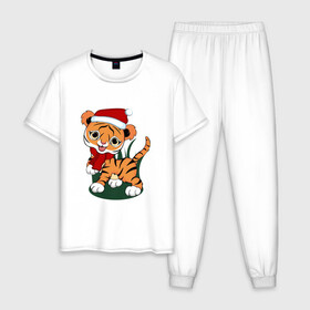 Мужская пижама хлопок с принтом Зимний тигр в Кировске, 100% хлопок | брюки и футболка прямого кроя, без карманов, на брюках мягкая резинка на поясе и по низу штанин
 | Тематика изображения на принте: 2022 | год тигра | новогодний тигр | новый год | праздничный тигр | тигр | тигр в новогодней шапке | тигренок