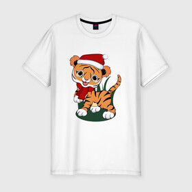 Мужская футболка хлопок Slim с принтом Зимний тигр в Кировске, 92% хлопок, 8% лайкра | приталенный силуэт, круглый вырез ворота, длина до линии бедра, короткий рукав | 2022 | год тигра | новогодний тигр | новый год | праздничный тигр | тигр | тигр в новогодней шапке | тигренок