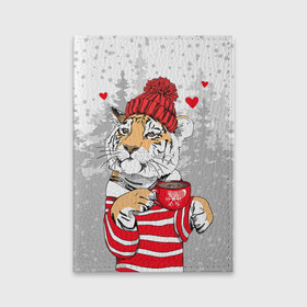 Обложка для паспорта матовая кожа с принтом Тигр с чашкой кофе в Кировске, натуральная матовая кожа | размер 19,3 х 13,7 см; прозрачные пластиковые крепления | 2022 | a cup of coffee | fir forest | happy new year | hearts | merry christmas | red hat | striped fur coat | tiger | year of the tiger | год тигра | еловый лес | красная шапка | новый год | полосатая шуба | рождество | сердца | тигр | чашка кофе