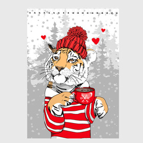 Скетчбук с принтом Тигр с чашкой кофе в Кировске, 100% бумага
 | 48 листов, плотность листов — 100 г/м2, плотность картонной обложки — 250 г/м2. Листы скреплены сверху удобной пружинной спиралью | 2022 | a cup of coffee | fir forest | happy new year | hearts | merry christmas | red hat | striped fur coat | tiger | year of the tiger | год тигра | еловый лес | красная шапка | новый год | полосатая шуба | рождество | сердца | тигр | чашка кофе