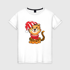 Женская футболка хлопок с принтом Тигренок в шапке и в шарфе в Кировске, 100% хлопок | прямой крой, круглый вырез горловины, длина до линии бедер, слегка спущенное плечо | 2022 | год тигра | новый год | новый год 2022 | символ года | тигр | тигренок | тигрица | тигры