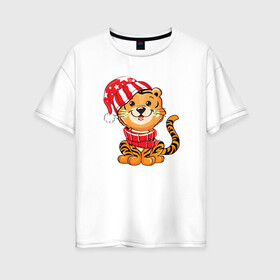 Женская футболка хлопок Oversize с принтом Тигренок в шапке и в шарфе в Кировске, 100% хлопок | свободный крой, круглый ворот, спущенный рукав, длина до линии бедер
 | 2022 | год тигра | новый год | новый год 2022 | символ года | тигр | тигренок | тигрица | тигры