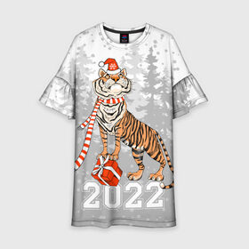 Детское платье 3D с принтом Тигр с подарками в Кировске, 100% полиэстер | прямой силуэт, чуть расширенный к низу. Круглая горловина, на рукавах — воланы | 2022 | fir forest | gifts | happy new year | merry christmas | red hat | santa claus | tiger | year of the tiger | год тигра | еловый лес | красная шапка | новый год | подарки | рождество | санта клаус | тигр