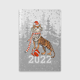 Обложка для паспорта матовая кожа с принтом Тигр с подарками в Кировске, натуральная матовая кожа | размер 19,3 х 13,7 см; прозрачные пластиковые крепления | 2022 | fir forest | gifts | happy new year | merry christmas | red hat | santa claus | tiger | year of the tiger | год тигра | еловый лес | красная шапка | новый год | подарки | рождество | санта клаус | тигр