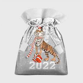 Подарочный 3D мешок с принтом Тигр с подарками в Кировске, 100% полиэстер | Размер: 29*39 см | Тематика изображения на принте: 2022 | fir forest | gifts | happy new year | merry christmas | red hat | santa claus | tiger | year of the tiger | год тигра | еловый лес | красная шапка | новый год | подарки | рождество | санта клаус | тигр