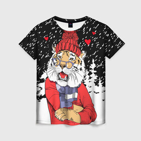 Женская футболка 3D с принтом Тигр в красном в Кировске, 100% полиэфир ( синтетическое хлопкоподобное полотно) | прямой крой, круглый вырез горловины, длина до линии бедер | 2022 | fir forest | happy new year | hearts | merry christmas | red hat | santa claus | scarf | snow | tiger | year of the tiger | год тигра | еловый лес | красная шапка | новый год | очки | рождество | санта клаус | сердца | снег | тигр | шарф