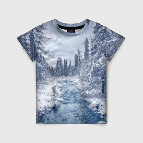 Детская футболка 3D с принтом СНЕЖНЫЙ ПЕЙЗАЖ в Кировске, 100% гипоаллергенный полиэфир | прямой крой, круглый вырез горловины, длина до линии бедер, чуть спущенное плечо, ткань немного тянется | fores | ice | snow | white | winter | белый | вода | зима | иней | красота | лед | лес | мороз | небо | новый год | пейзаж | природа | река | ручей | снег