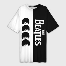 Платье-футболка 3D с принтом The Beatles черно  белый партер в Кировске,  |  | beatles | the beatles | бителз | бителс | битлз | битлс | битлы | группа | джон леннон | джордж харрисон | жуки | зе | ливерпульская четвёрка | мерсибит | пол маккартни | поп | ринго старр | рок