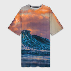 Платье-футболка 3D с принтом Закат над волной в Кировске,  |  | волна | закат | море | небо | облака