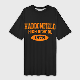 Платье-футболка 3D с принтом Haddonfield High School 1978 в Кировске,  |  | face | haddonfield | halloween | high | killer | leather | maniac | michael | myers | mystic | school | uniform | кожаное | лицо | майерс | майкл | мистика | старшая | униформа | форма | хаддонифилд | хэллоуин | ш