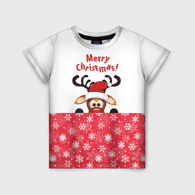 Детская футболка 3D с принтом Оленёнок (Merry Christmas) в Кировске, 100% гипоаллергенный полиэфир | прямой крой, круглый вырез горловины, длина до линии бедер, чуть спущенное плечо, ткань немного тянется | merry christmas | santa claus | дед мороз | ёлка | зверь | зима | лось | мороз | новогодние олени | новый год | оленёнок бэмби | оленёнок рудольф | олень | подарок | празд | рождество | с новым годом | сантаклаус