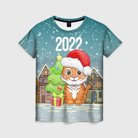 Женская футболка 3D с принтом Тигренок с елочкой в Кировске, 100% полиэфир ( синтетическое хлопкоподобное полотно) | прямой крой, круглый вырез горловины, длина до линии бедер | 2022 | год тигра | новый год | новый год 2022 | символ года | тигр | тигренок | тигрица | тигры