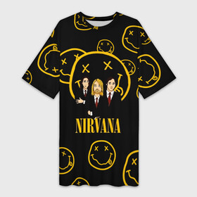 Платье-футболка 3D с принтом Арт на группу Nirvana в Кировске,  |  | kurt cobain | nevermino | nirvana | альтернативный | гранж | грол | дональд | курт кобейн | музыка | надпись | нервана | нирвана | новоселич | певец | рок группа | смайл | смайлик | солист