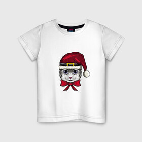 Детская футболка хлопок с принтом Сантакот в Кировске, 100% хлопок | круглый вырез горловины, полуприлегающий силуэт, длина до линии бедер | арт | иллюстрация | котёнок | котик | санта | шапка