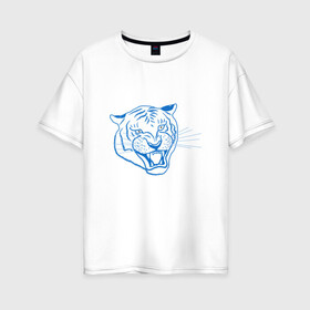 Женская футболка хлопок Oversize с принтом Контур головы синего тигра, арт лайн. в Кировске, 100% хлопок | свободный крой, круглый ворот, спущенный рукав, длина до линии бедер
 | blue | head | holiday | mascot | new year | symbol | tiger | year of the tiger | арт лайн | год тигра | кошка | новогодний | новый год | праздник | символ | талисман