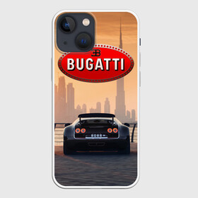 Чехол для iPhone 13 mini с принтом Bugatti на фоне Дубая ОАЭ с логотипом в Кировске,  |  | bugatti chiron | bugatti veyron | бугатти | гиперкары | дубай | закат | оаэ | спортивные машины | спорткары