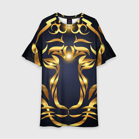 Детское платье 3D с принтом Золотой символ года Тигр в Кировске, 100% полиэстер | прямой силуэт, чуть расширенный к низу. Круглая горловина, на рукавах — воланы | в чем встречать новый год | золотой узор | идея подарка на новый год | подарок на новый год | символ нового года | тигр золотой | тигр символ года 2022 | узоры из золота