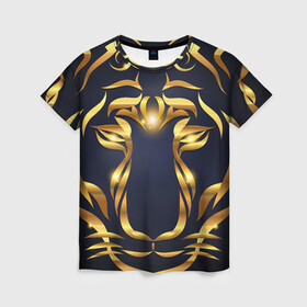 Женская футболка 3D с принтом Золотой символ года Тигр в Кировске, 100% полиэфир ( синтетическое хлопкоподобное полотно) | прямой крой, круглый вырез горловины, длина до линии бедер | в чем встречать новый год | золотой узор | идея подарка на новый год | подарок на новый год | символ нового года | тигр золотой | тигр символ года 2022 | узоры из золота