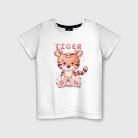 Детская футболка хлопок с принтом Cute little tiger в Кировске, 100% хлопок | круглый вырез горловины, полуприлегающий силуэт, длина до линии бедер | Тематика изображения на принте: 2022 | 2022 год | happy new year | santa | год тигра | дед мороз | каникулы | мороз | новогодний свитер | новый год | новый год 2022 | новый год тигра | оливье | праздник | рождество | санта клаус | свитер новогодний