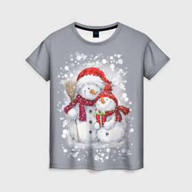 Женская футболка 3D с принтом Два снеговика в Кировске, 100% полиэфир ( синтетическое хлопкоподобное полотно) | прямой крой, круглый вырез горловины, длина до линии бедер | 2022 | год тигра | новогодний подарок | новый год | подарок на новый год | снег | снеговик | снеговики