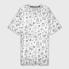 Платье-футболка 3D с принтом Зимнее дудл настроение в Кировске,  |  | Тематика изображения на принте: бант | бантик | дудл | дудлики | елка | елочка | колокольчик | кот | нарисованный | облако | от руки | сердечко | сердце | снег | снеговик | снежинка | солнце | шарик