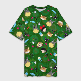 Платье-футболка 3D с принтом Totoro Kiki ALLSTARS в Кировске,  |  | ambrella | anime | catbus | dzidzi | ghibli | kiki | may | sacki | susuwatari | totoro | witch | аниме | ведьма | дзидзи | зонтик | кики | кот | котобус | мэй | сацки | сусуватари | тоторо
