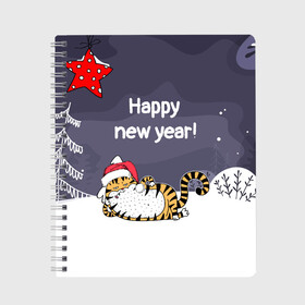 Тетрадь с принтом Happy New Year 2022 Тигр в Кировске, 100% бумага | 48 листов, плотность листов — 60 г/м2, плотность картонной обложки — 250 г/м2. Листы скреплены сбоку удобной пружинной спиралью. Уголки страниц и обложки скругленные. Цвет линий — светло-серый
 | 2022 | год тигра | новый год | новый год 2022 | символ года | тигр | тигренок | тигрица | тигры