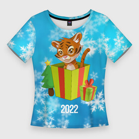 Женская футболка 3D Slim с принтом Тигр в подарочной коробке в Кировске,  |  | 2022 | год тигра | новый год | новый год 2022 | символ года | тигр | тигренок | тигрица | тигры
