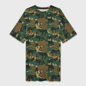 Платье-футболка 3D с принтом Звери (камуфляж) в Кировске,  |  | animals | camouflage | hunter | hunting | military | zoo | волк | дикая природа | егерь | животные | звери | зоопарк | камуфляж | лес | лиса | лось | медведь | милитари | олень | оружие | охота | охота на волка | охота на зайца