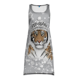 Платье-майка 3D с принтом Снежный тигр в Кировске, 100% полиэстер | полуприлегающий силуэт, широкие бретели, круглый вырез горловины, удлиненный подол сзади. | 2022 | год тигра | зимний тигр | новогодний подарок | новый год | новый год 2020 | подарок на новый год | снег