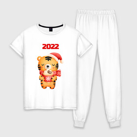Женская пижама хлопок с принтом Праздничный тигренок 2022 в Кировске, 100% хлопок | брюки и футболка прямого кроя, без карманов, на брюках мягкая резинка на поясе и по низу штанин | 2022 | год тигра | новый год | новый год 2022 | символ года | тигр | тигренок | тигрица | тигры