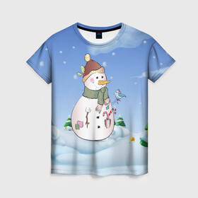 Женская футболка 3D с принтом Веселый Снеговичок в Кировске, 100% полиэфир ( синтетическое хлопкоподобное полотно) | прямой крой, круглый вырез горловины, длина до линии бедер | 2022 | новогодний | новый год | рождество | снег | снеговик