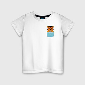 Детская футболка хлопок с принтом Тигренок в кармане в Кировске, 100% хлопок | круглый вырез горловины, полуприлегающий силуэт, длина до линии бедер | 2022 | год тигра | новый год | новый год 2022 | символ года | тигр | тигренок | тигрица | тигры