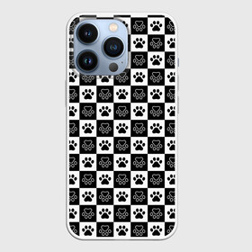 Чехол для iPhone 13 Pro с принтом Следы на Шахматном Фоне в Кировске,  |  | black white | chess | dog | dog pawprints | paws | животное | зверь | лапы | пёс | следы от лап | собака | собачьи следы от лап | хищник | чёрно белое | шахматка | щенок